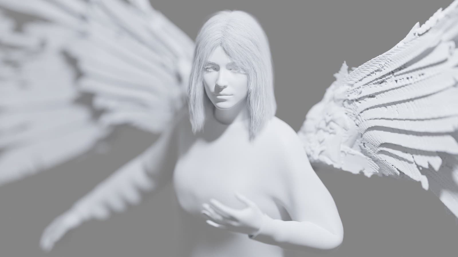 Untextured render of the winged figure, facing the camera