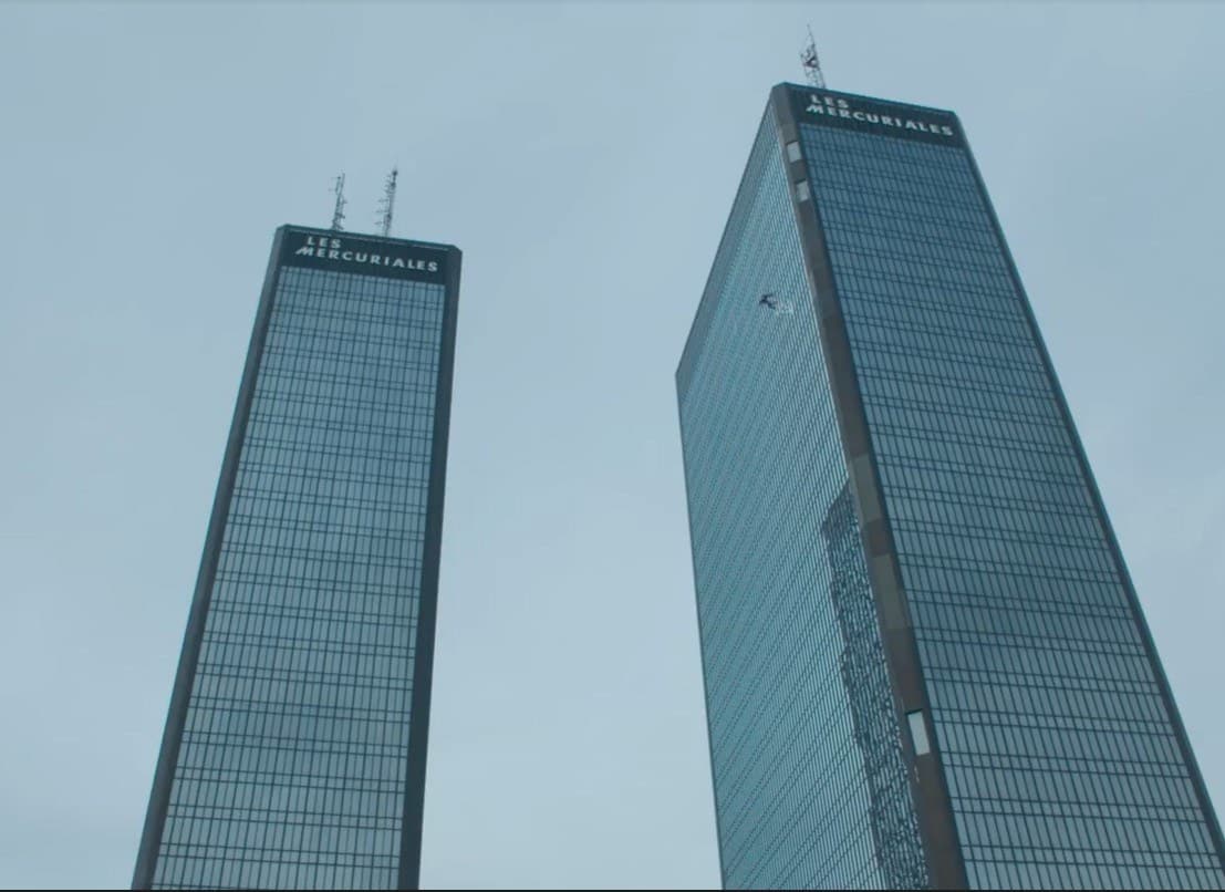 The finished shot: a winged figure in flight beside the Mercuriales towers